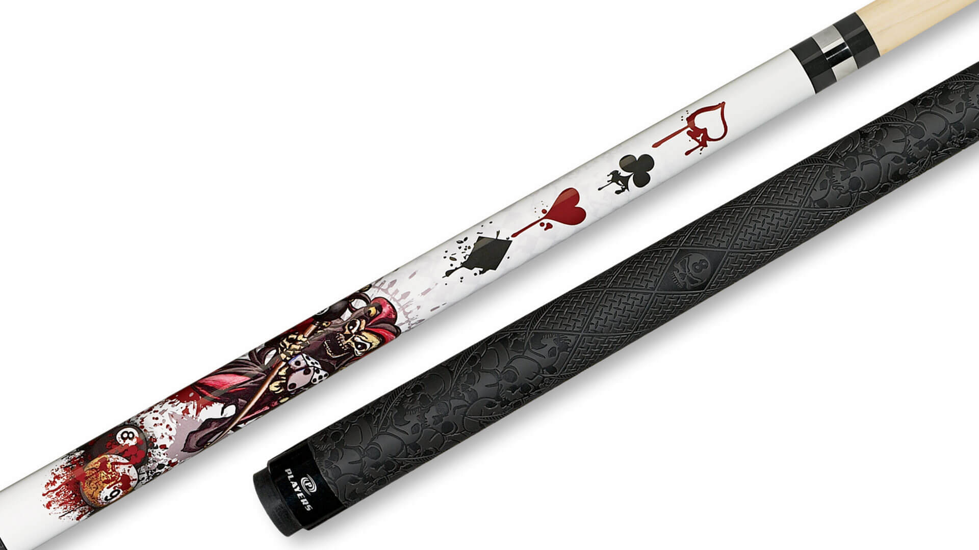Players D-JS White with Jester on Pool Balls and Dripping Card Suits Cue