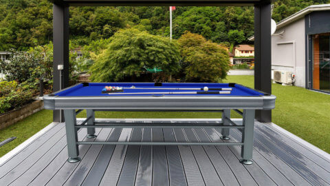 Imperial-Outdoor-Pool-Table-Light-Grey-Color-Long-Side-Lifestyle-Blue-Felt