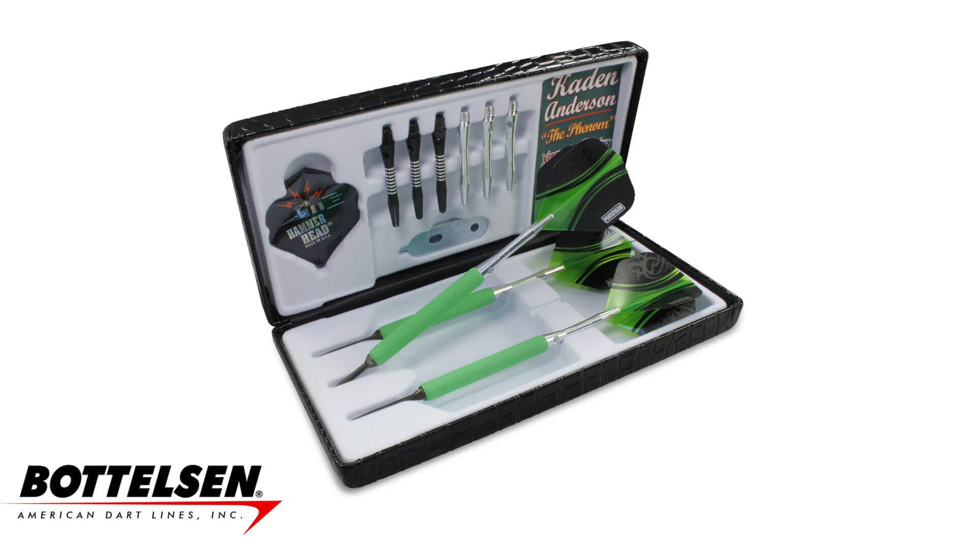 Bottelsen-Hammer-Head-Kaden-Anderson-Signature-Xtreme-Shark-Skins-Steel-Tip-Green-Dart-Case