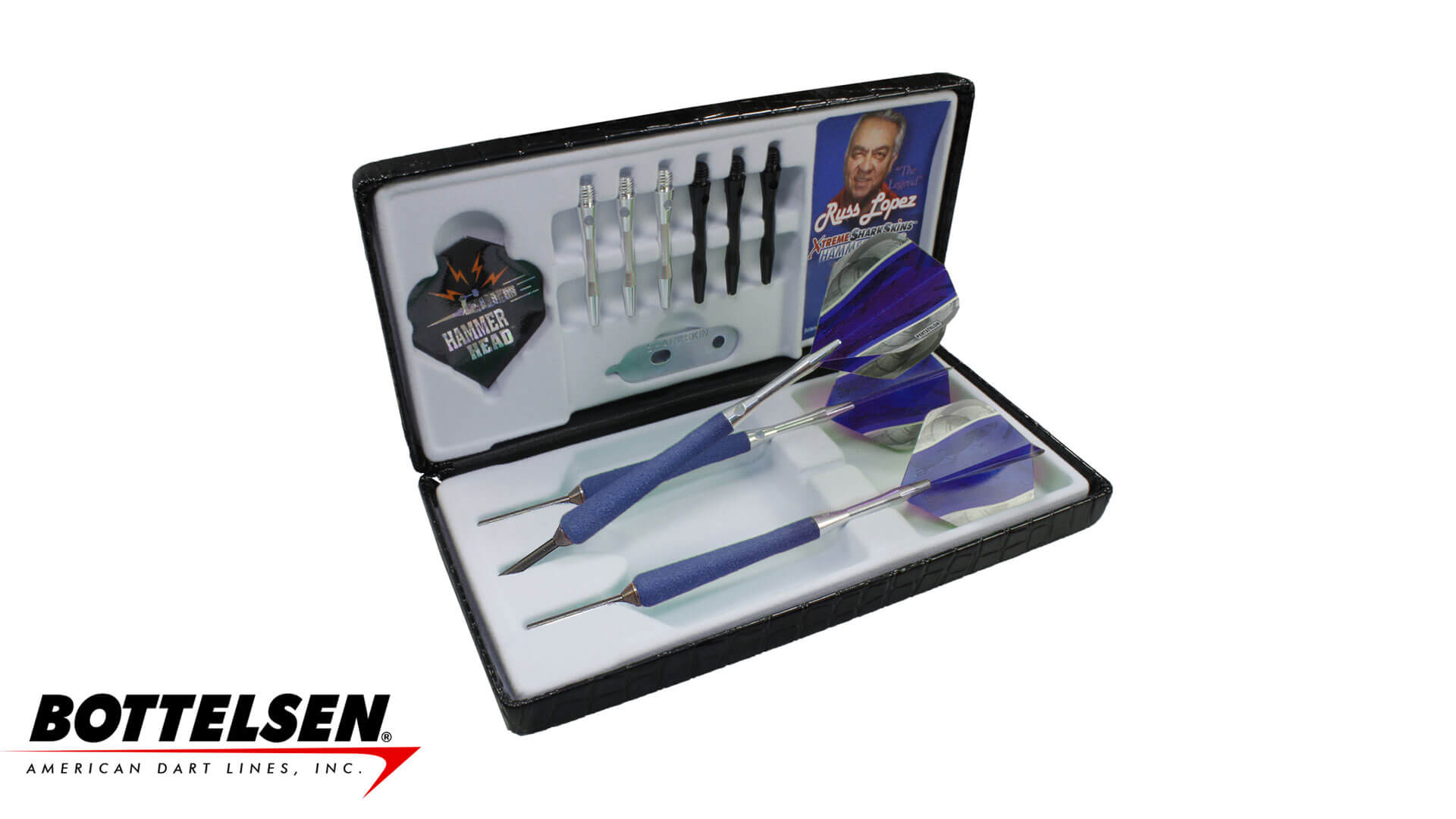 Bottelsen-Hammer-Head-Russ-Lopez-Signature-Xtreme-Shark-Skins-Steel-Tip-Blue-Dart-Case