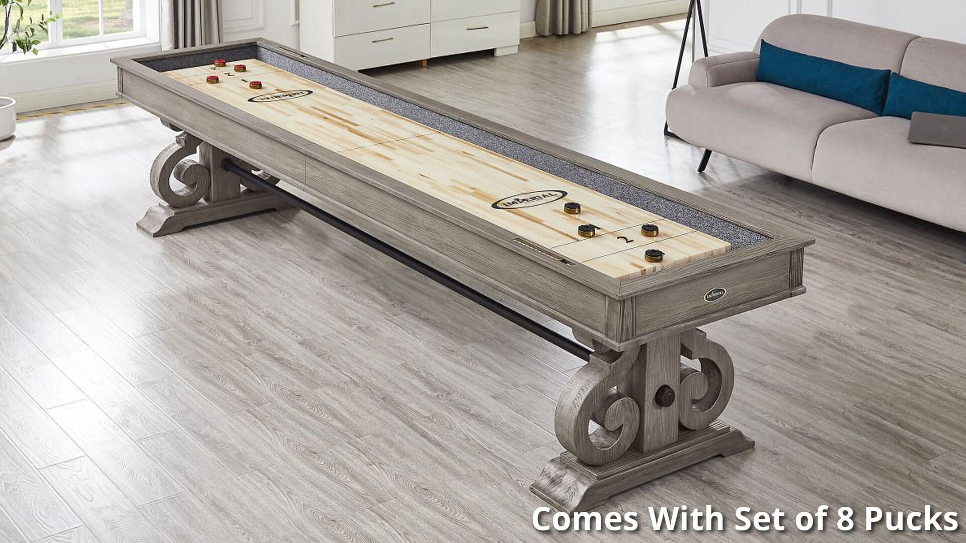 Imperial-Shuffleboard-The-Barnstable-12-Foot-Silver-Mist-Lifestyle-Diagonal-Closeup Imperial-Shuffleboard-The-Barnstable-12-Foot-Silver-Mist-Lifestyle-Diagonal-Closeup