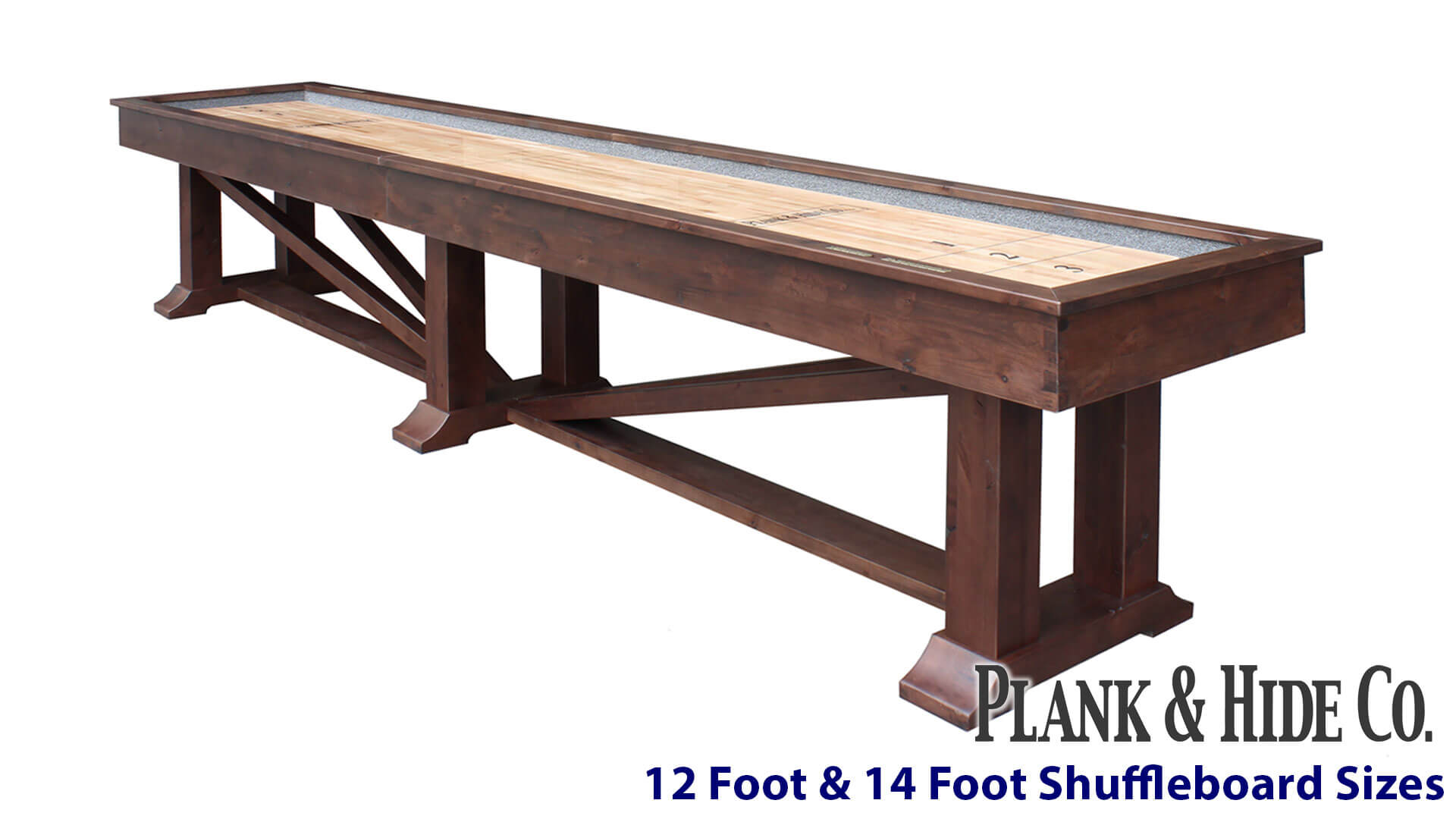 Plank and Hide 12 Ft and 14 Ft Shuffleboard Table "Lucas" Nutmeg