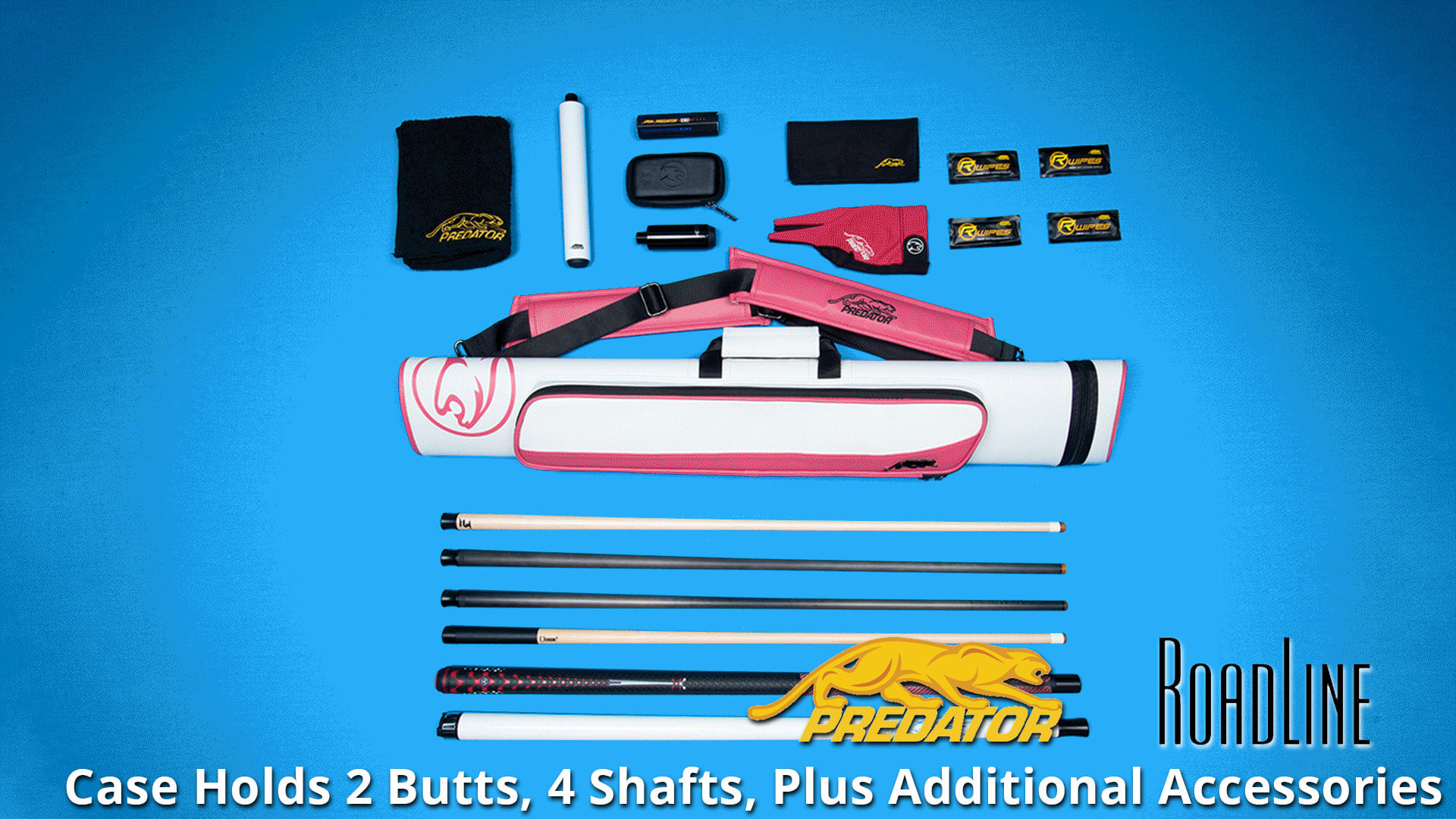 Predator-Roadline-White-&-Pink-Hard-2×4-Cue-Case-2-Butts-4-Shafts-Plus-Accessories Predator "Roadline" White & Pink 2x4 Hard Cue Case - Capacity