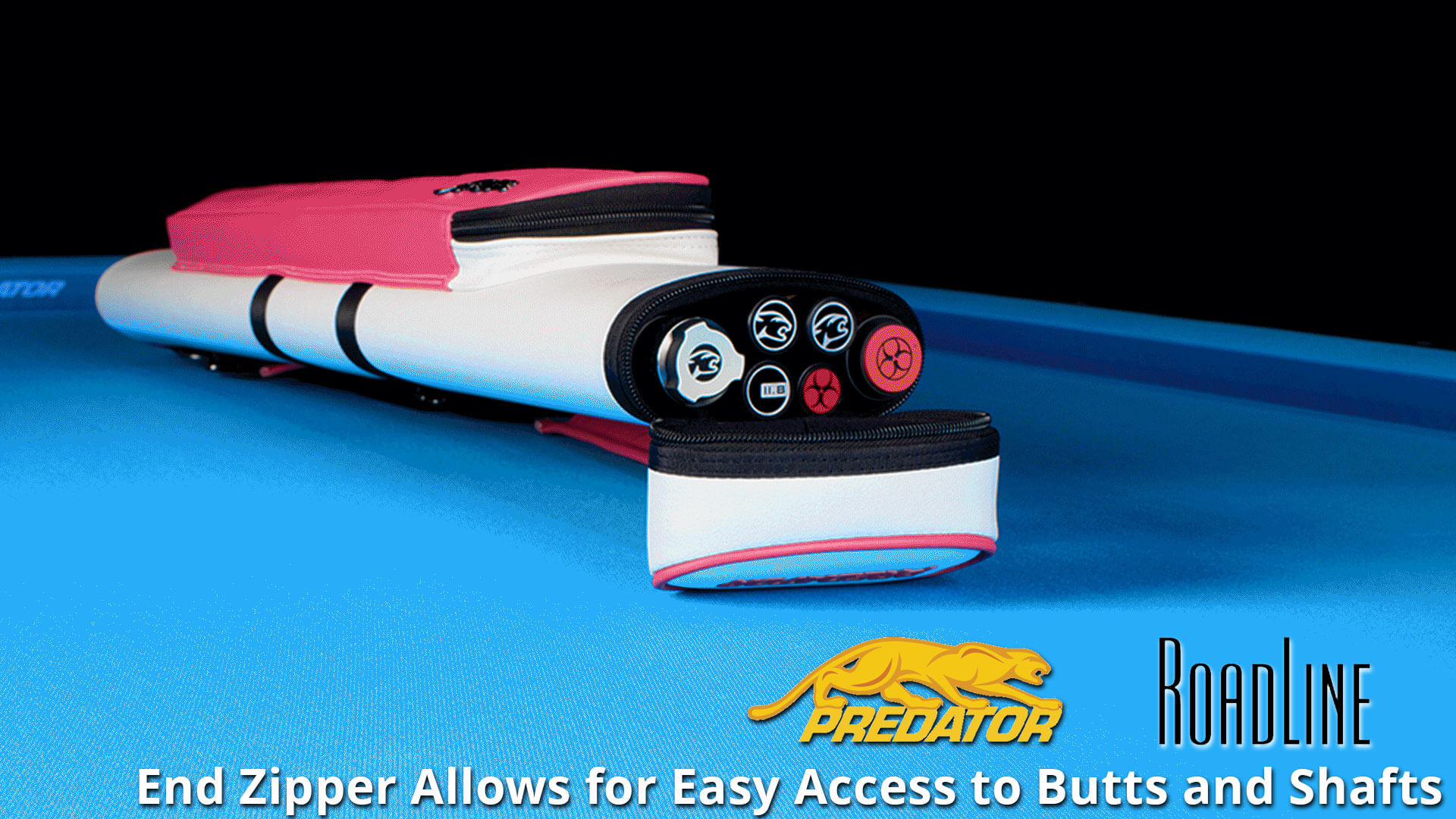 Predator-Roadline-White-&-Pink-Hard-2×4-Cue-Case-End-Zipper Predator "Roadline" White & Pink 2x4 Hard Cue Case - End Zipper