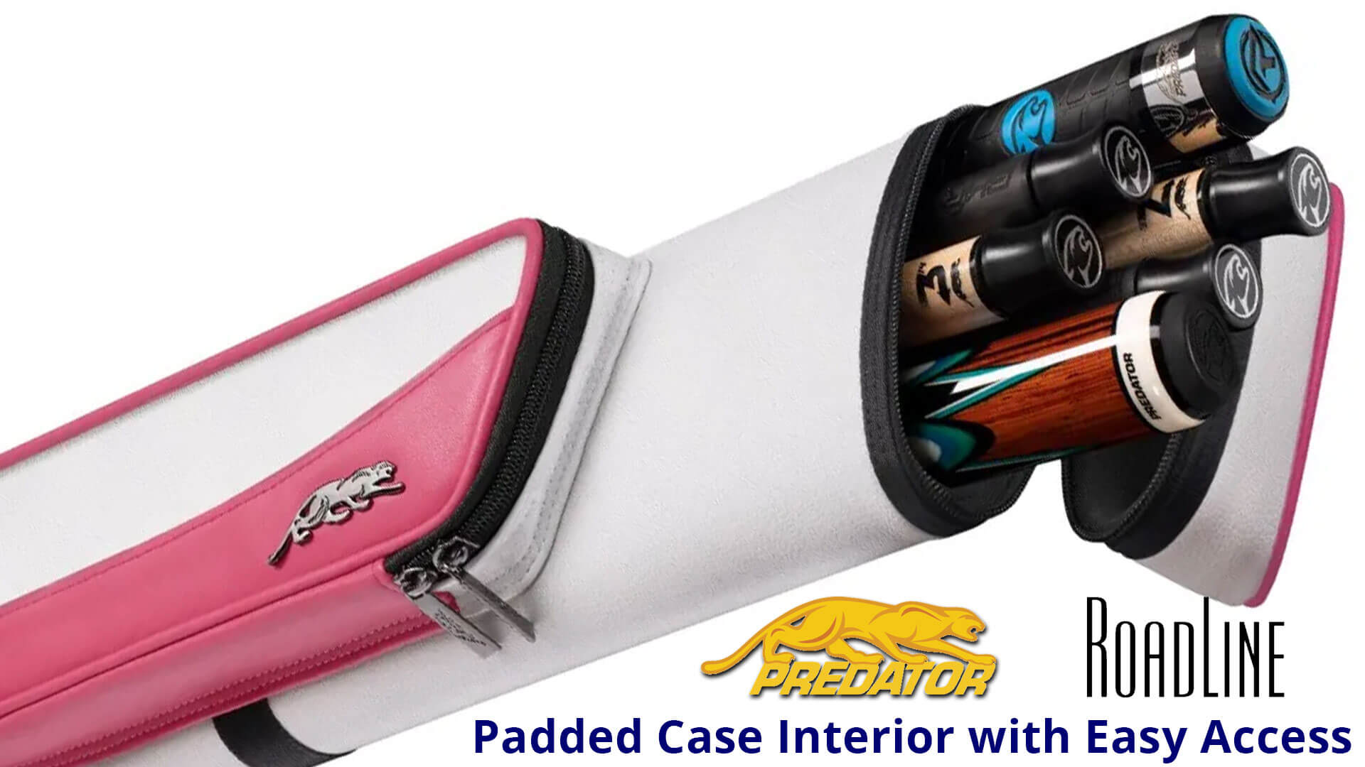 Predator-Roadline-White-&-Pink-Hard-2×4-Cue-Case-Padded-Case-Interior Predator "Roadline" White & Pink 2x4 Hard Cue Case - Padded Interior
