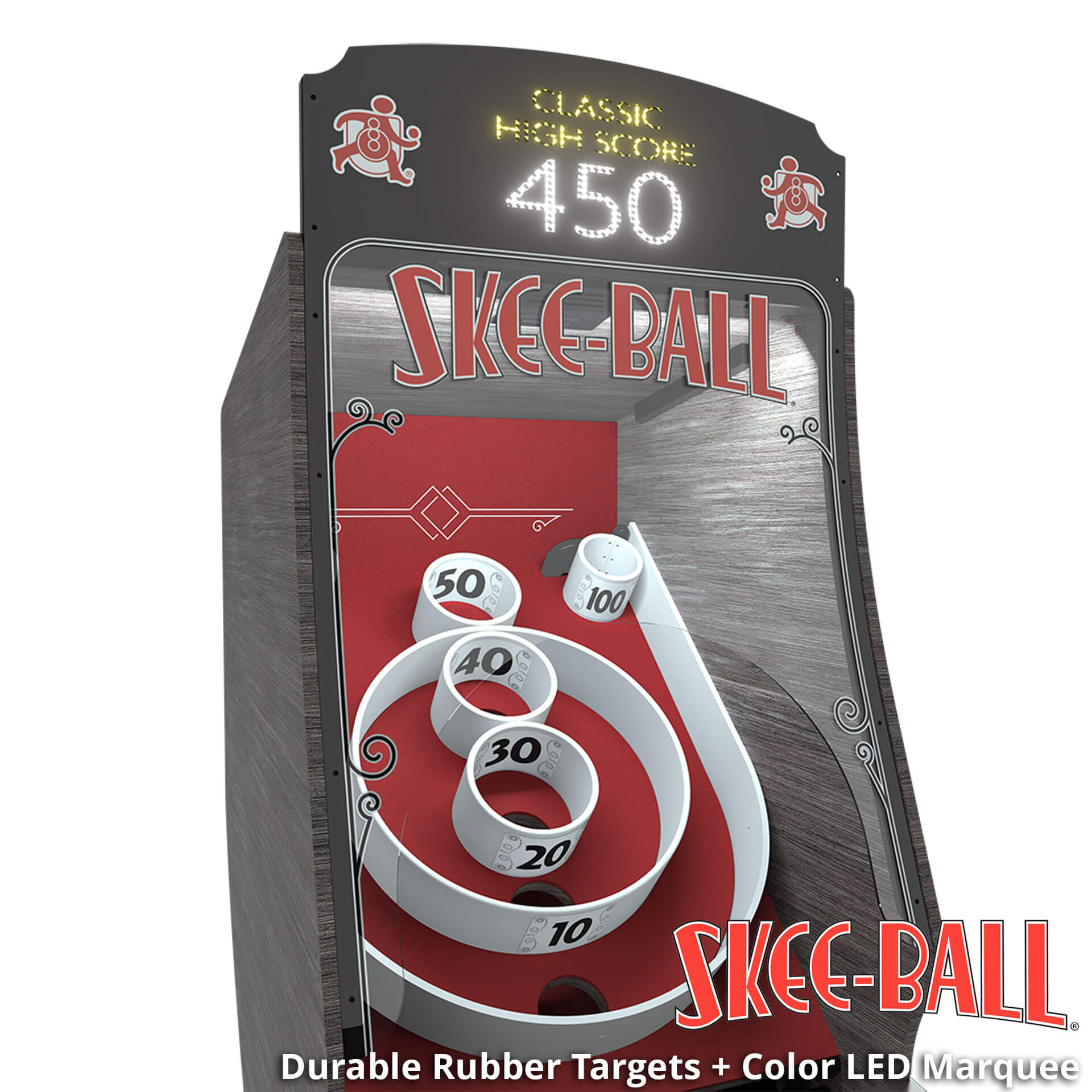 Skee-Ball Arcade Machine "Premium" with Scarlet Color Alley - Scoreboard Skee-Ball Arcade Machine "Premium" with Scarlet Color Alley for Sale