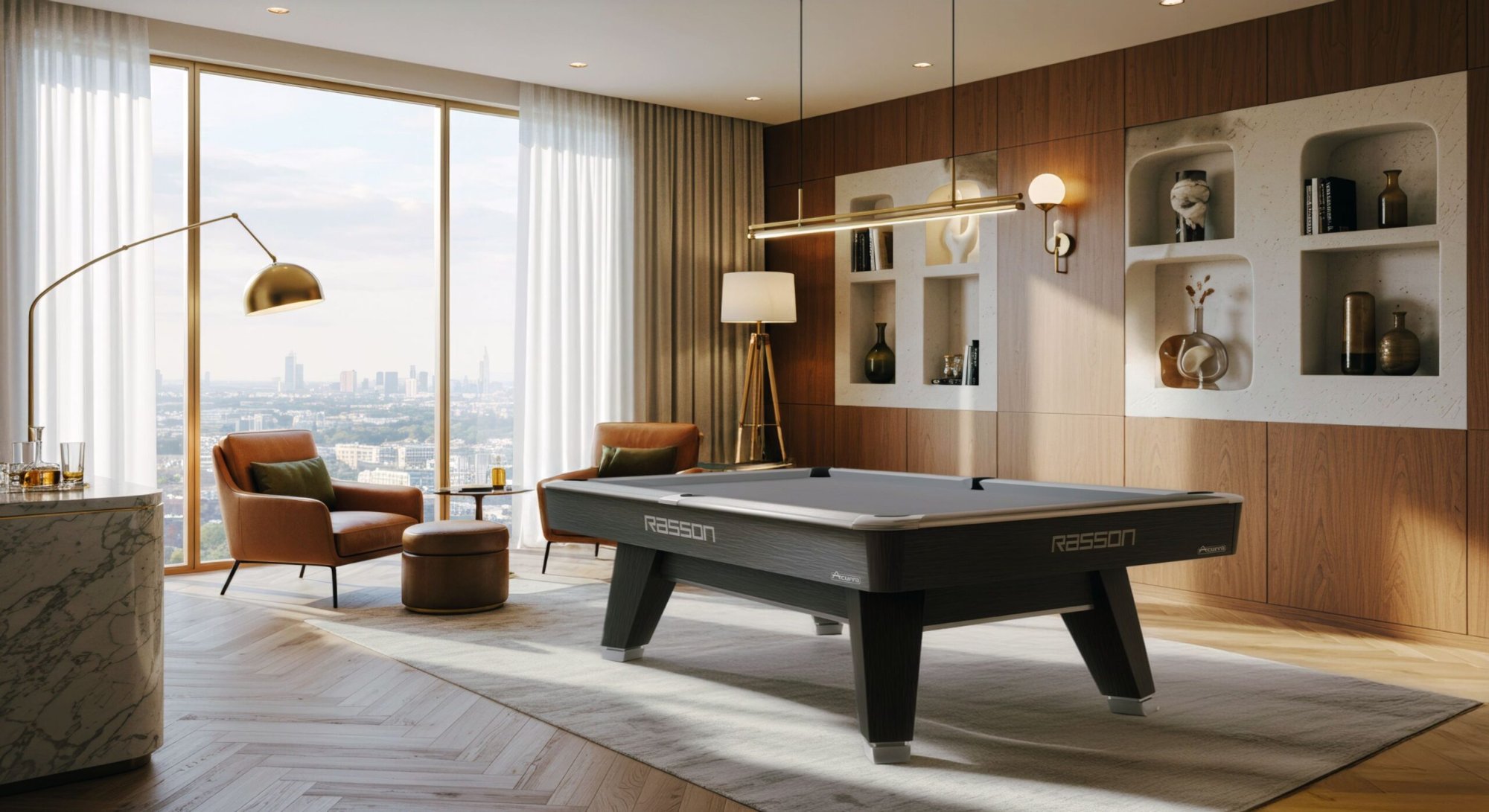 Rasson Acurra pool table in Strong Black in a city apartment