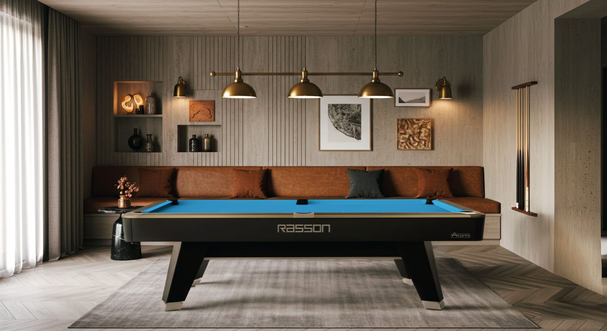 Rasson Acurra pool table in Strong Black in a living room