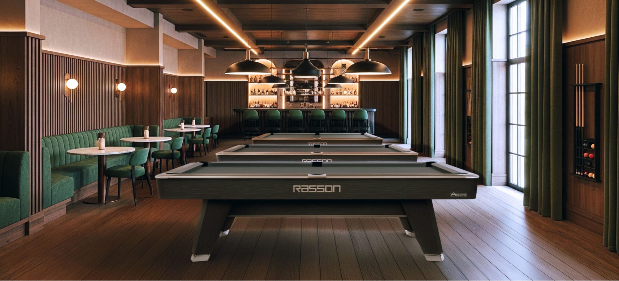 Rasson Acurra pool tables in Strong Black in a pool hall