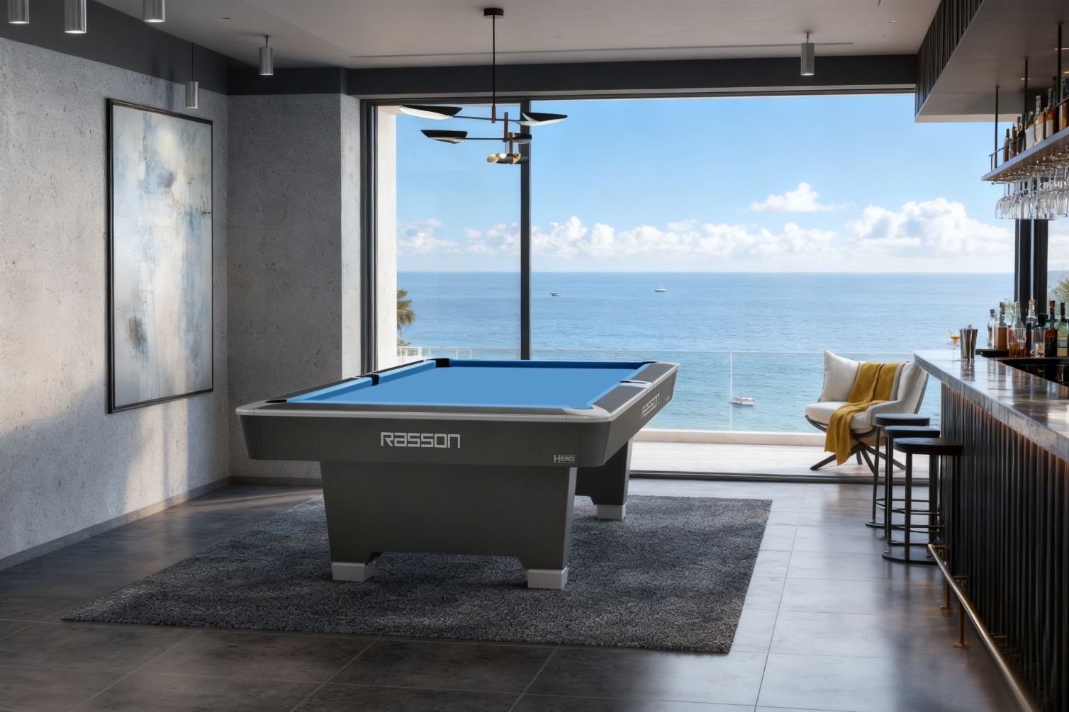 Rasson Hero pool table in Sarum Strand in an ocean-view game room