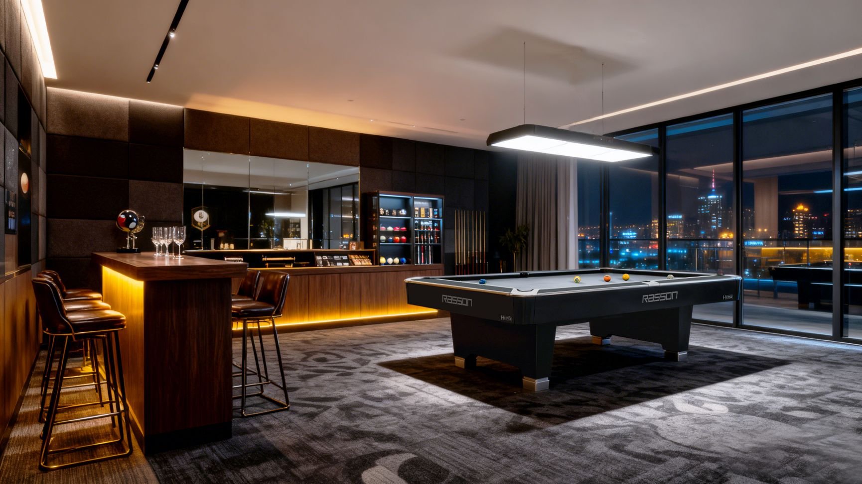 Rasson Hero pool table in Strong Black in a lounge