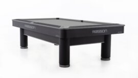Rasson Iron Man 9 ft pool table in black, angled view