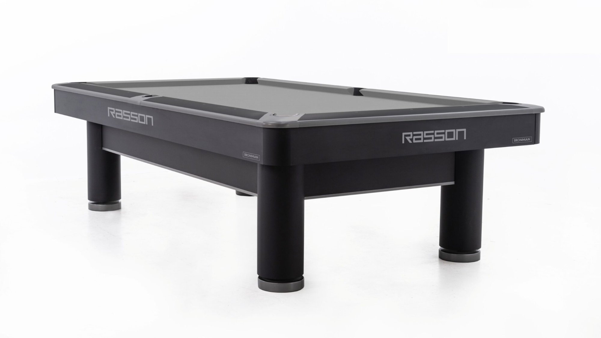 Rasson Iron Man 9 ft pool table in black, angled view