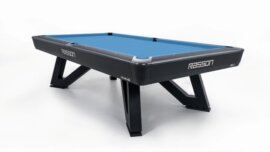 Rasson Wolf pool table in Black Fluorocarbon, angled view of the W-shaped steel legs